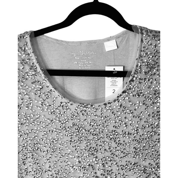 Chicos Shirt Womens Size M Sequins Short Sleeve Sheer Lined Silver Gray NWT - Picture 3 of 11